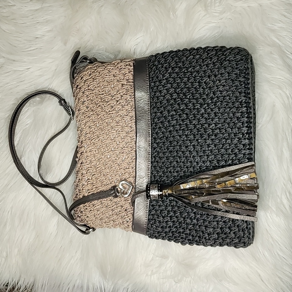 Brighton Two-Tone Knit Crossbody Bag - Tan and Black